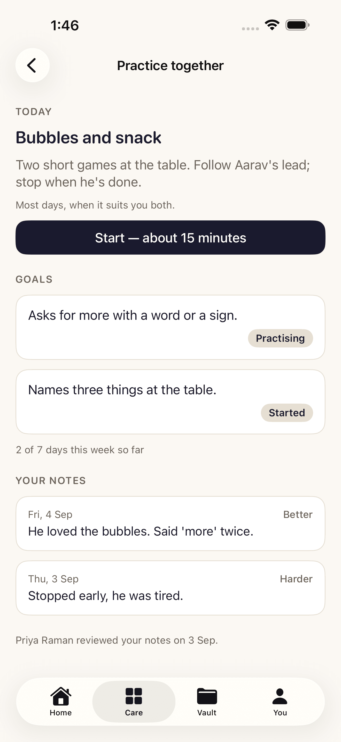 A practice activity in the app, showing the goal it belongs to, what to do together, roughly how long it takes, and a space for the parent's note.